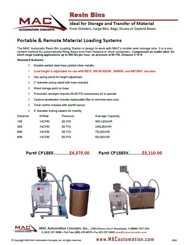Click to download the Resin Bin Loading Systems Sheet Resin Bin Loading Systems Sheet